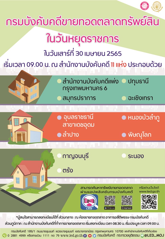 กรมบังคับคดีจัดการขายทอดตลาดในวันหยุดราชการ วันเสาร์ที่ 30 เมษายน 2565